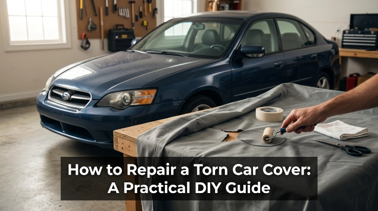 DIY repair of a torn car cover using a fabric patch, repair tape, scissors, and roller.