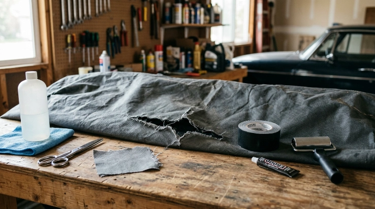 Car cover repair supplies including patch fabric, repair tape, scissors, cleaner, adhesive, and roller.