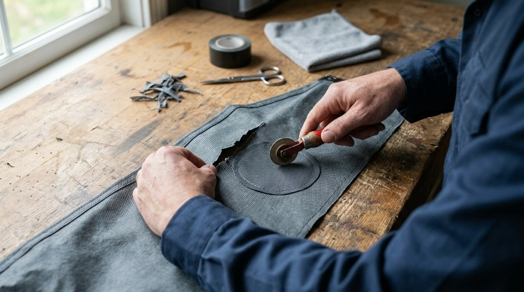 DIY owner pressing a rounded reinforcement patch beneath a cleaned and aligned car cover tear.