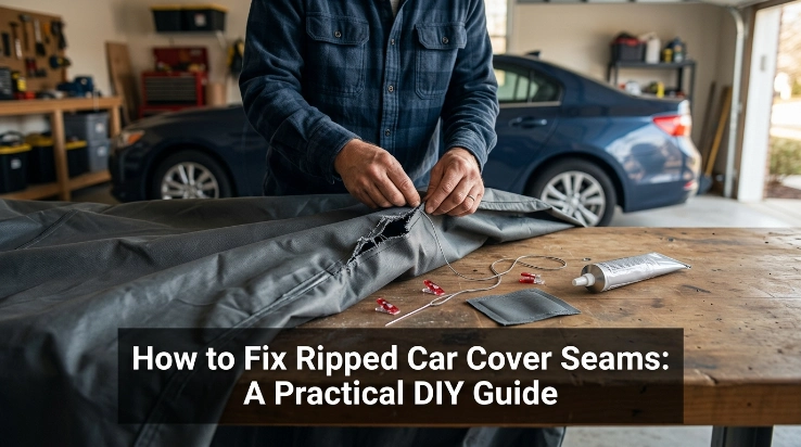 DIY repair showing how to fix ripped car cover seams with thread, patch and seam sealer.