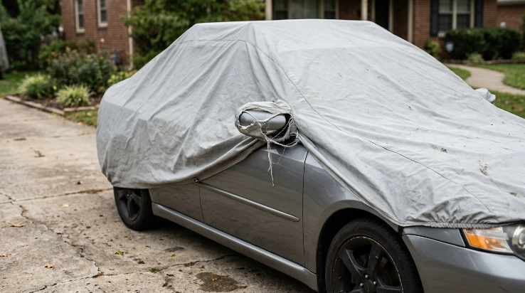 Loose car cover ripping at mirror seam from wind, poor fit and repeated fabric tension.