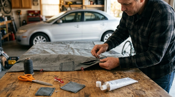 Owner stitching a dry car cover seam with thread, patch and seam sealer ready nearby.