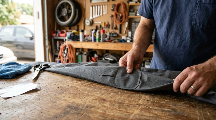 How to patch a car cover tear with an inside fabric patch and generous overlap