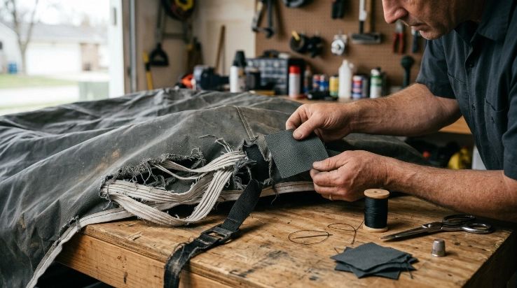 Car cover strap, seam, and elastic hem being reinforced around damaged high-stress fabric