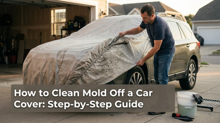 Owner learning how to clean mold off a car cover with mild detergent outdoors