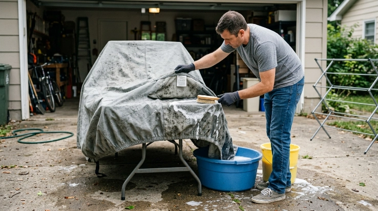 Car owner brushing mold from a car cover before washing and rinsing it