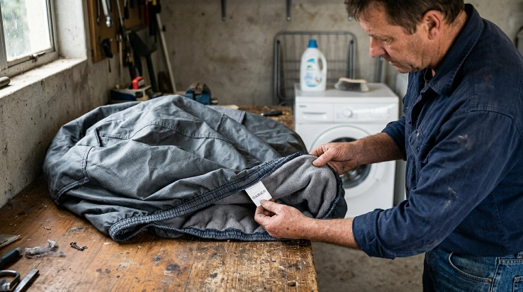 Owner inspecting car cover fabric, lining, seams, elastic hem, and care label before washing