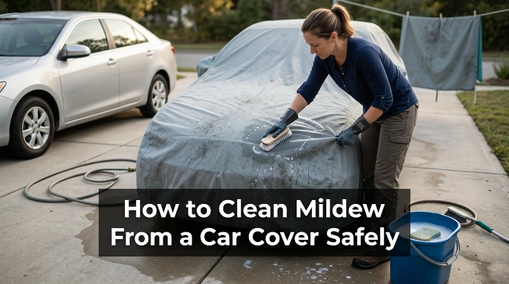Car owner learning how to clean mildew from car cover using mild soap and soft brush