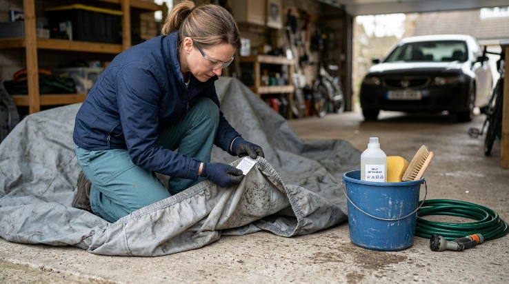 Owner checking car cover care label before cleaning mildew with mild detergent and soft brush