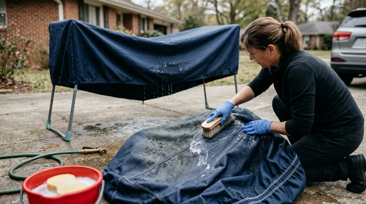 Owner gently scrubbing mildew from car cover before rinsing and air drying it