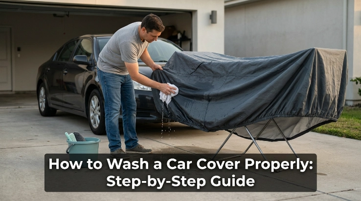 Owner learning how to wash a car cover properly beside a clean garage and vehicle.