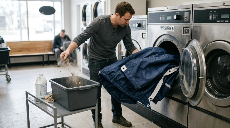 Large car cover being loaded into a front-loading washer after loose debris is removed.