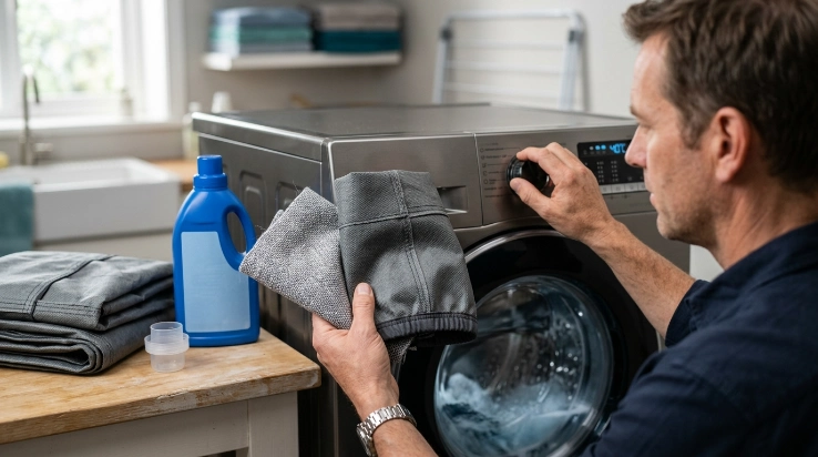 Owner comparing car cover fabrics and washer settings before cleaning different cover materials.