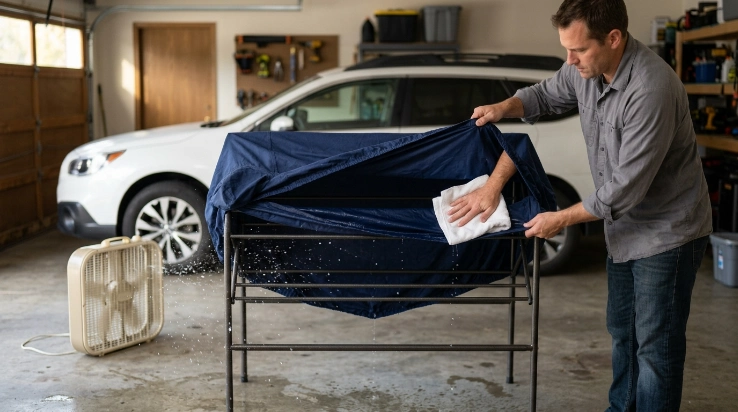 Wet car cover opened on a rack with microfiber blotting and fan-assisted airflow