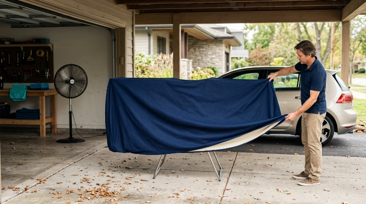 Car cover drying between a breezy shaded carport and ventilated garage with a fan