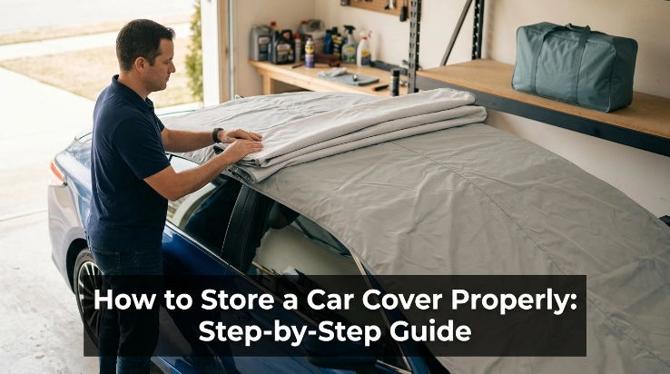 Driver learning how to store a car cover by folding it cleanly before placing it in a storage bag.