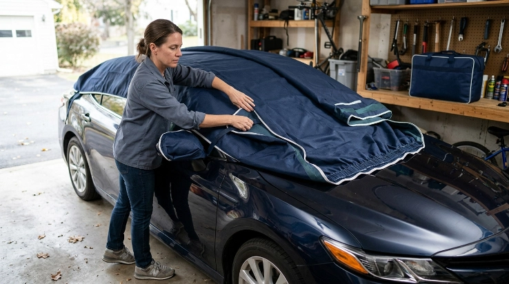 Driver folding both sides of a car cover inward while keeping its clean inner surface off the garage floor.