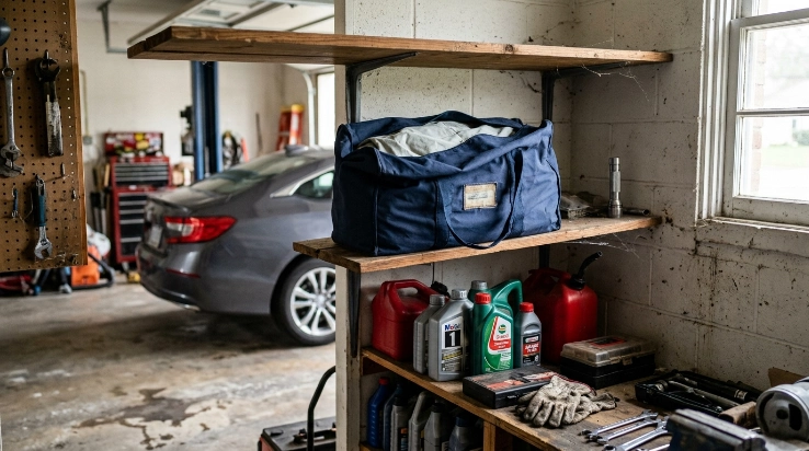 Bagged car cover stored on a dry raised garage shelf away from chemicals, dirt, heat, and floor moisture.