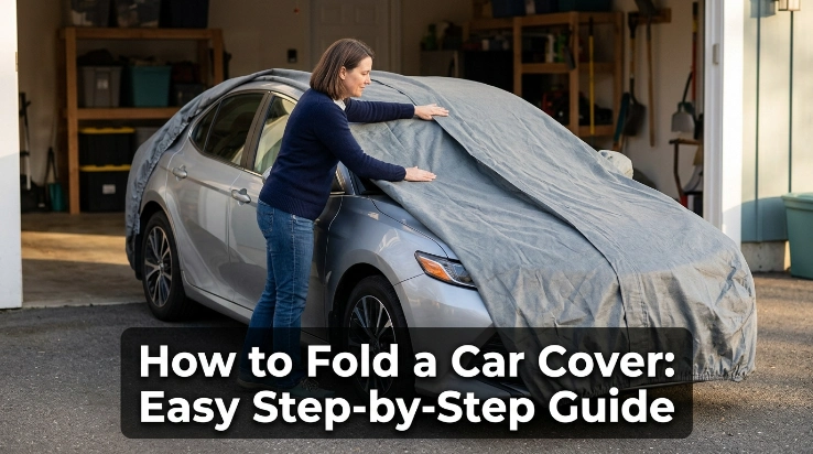 Vehicle owner demonstrating how to fold a car cover neatly over a sedan roof