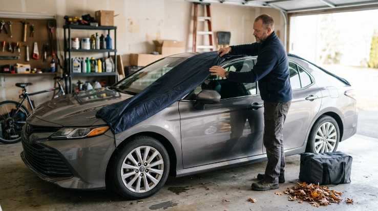 Owner folding both sides of a dry car cover inward over a sedan roof