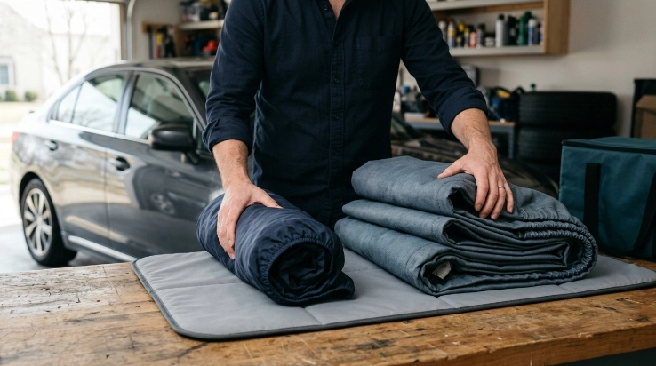 Lightweight rolled car cover beside a thicker outdoor cover folded in broad sections