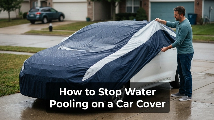 Driver fixing water pooling on a fitted car cover after rain
