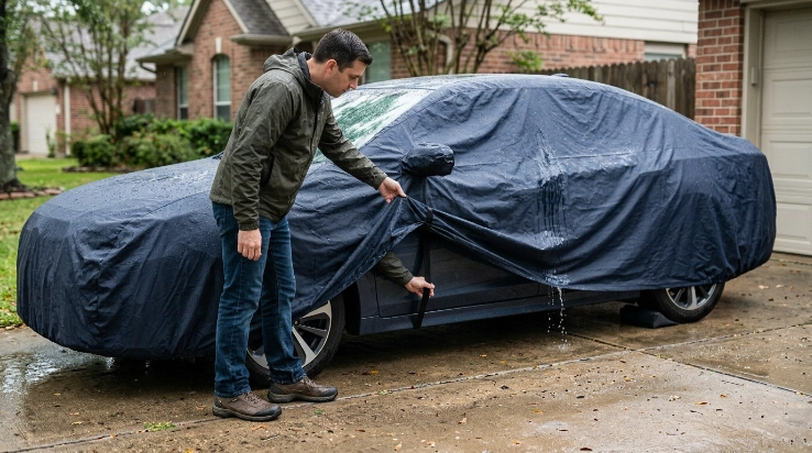 Owner re-centering and supporting a wet car cover to prevent water pooling