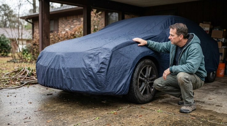 Broad padded support raising a car cover to create a safe drainage slope