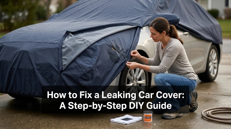 Driver learning how to fix a leaking car cover by inspecting and repairing a wet seam