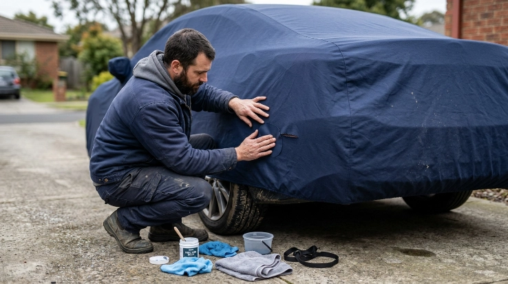 Owner patching a small tear while learning how to fix a leaking car cover