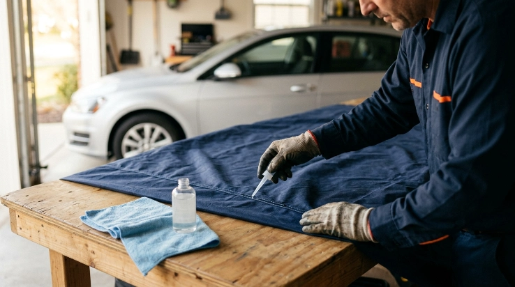 Owner applying approved seam treatment while learning how to fix a leaking car cover