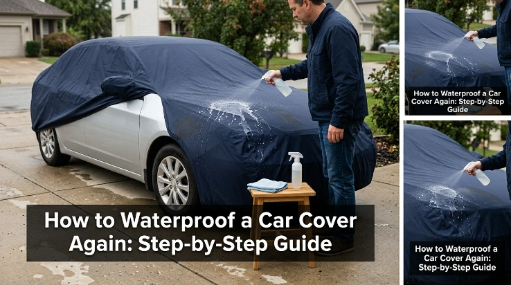 Owner learning how to waterproof a car cover again by testing water beading on clean fabric