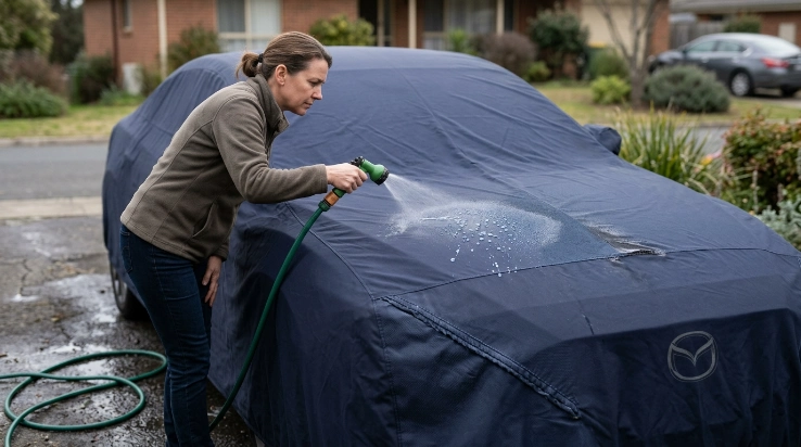 Water beads and wet fabric reveal whether a clean car cover needs reproofing
