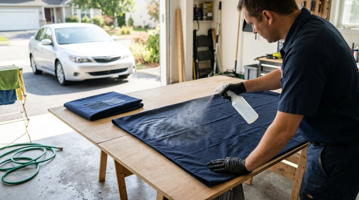 Owner applies waterproofing treatment evenly to a clean car cover before drying and testing
