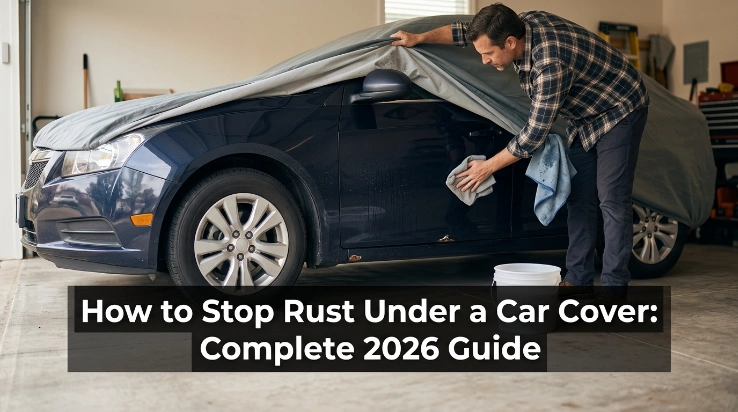 Owner checking trapped moisture while learning how to stop rust under a car cover.