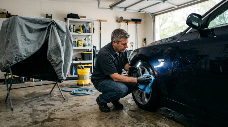 Owner drying a covered car and inspecting rust after trapped moisture is discovered.