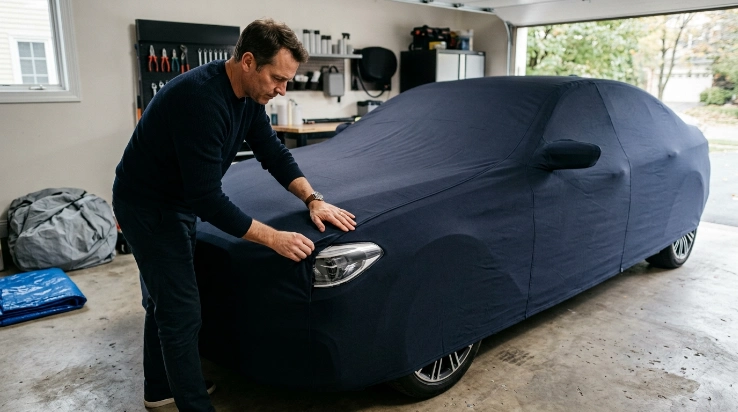 Properly fitted breathable car cover on a dry sedan inside a ventilated garage.