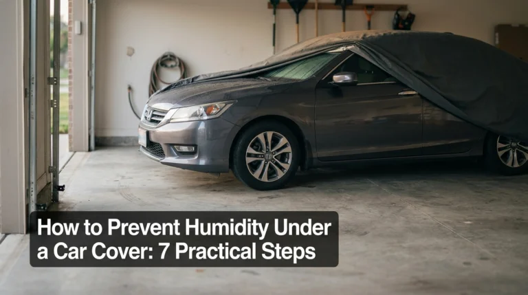 Car cover pulled back to prevent humidity and condensation on a dry vehicle in a ventilated garage.