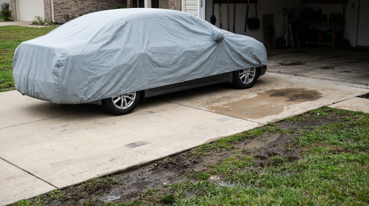 Covered car on a dry paved driveway beside damp grass and a humid residential garage.