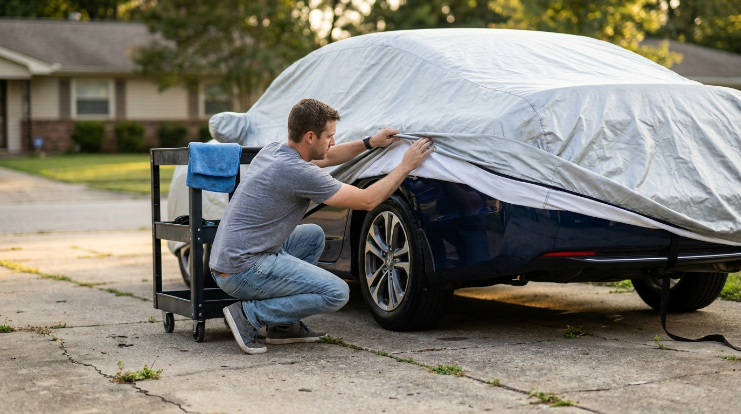 Car being rinsed while a clean folded cover stays off the driveway to prevent trapped dust