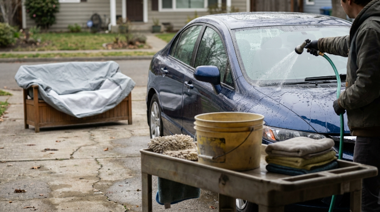 Owner fitting a clean car cover without letting its inner surface touch the dusty driveway