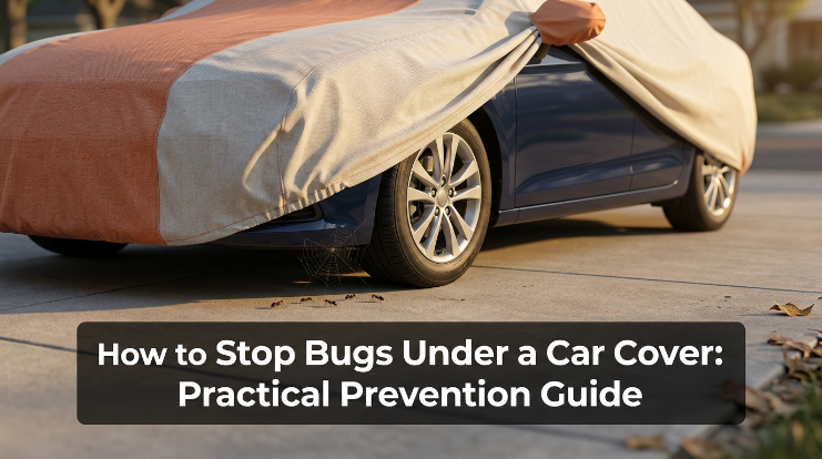 Covered car showing how to stop bugs under a car cover with a clean, dry parking area