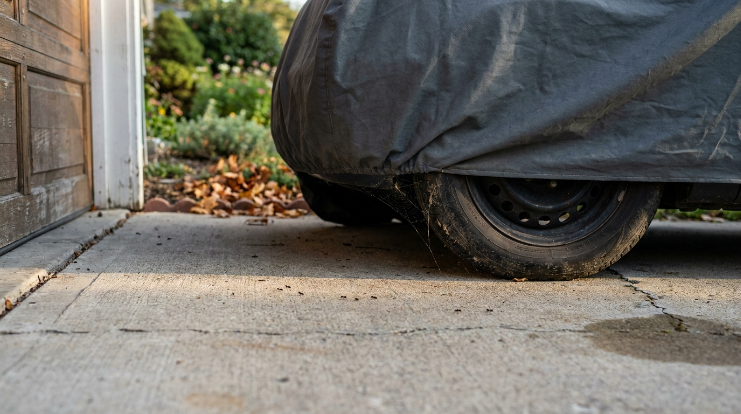 Bugs hiding beneath shaded loose fabric around a covered car parked near a garage