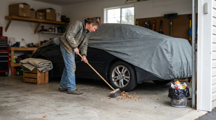 Driver sweeping a garage before covering a car to help stop bugs under a car cover