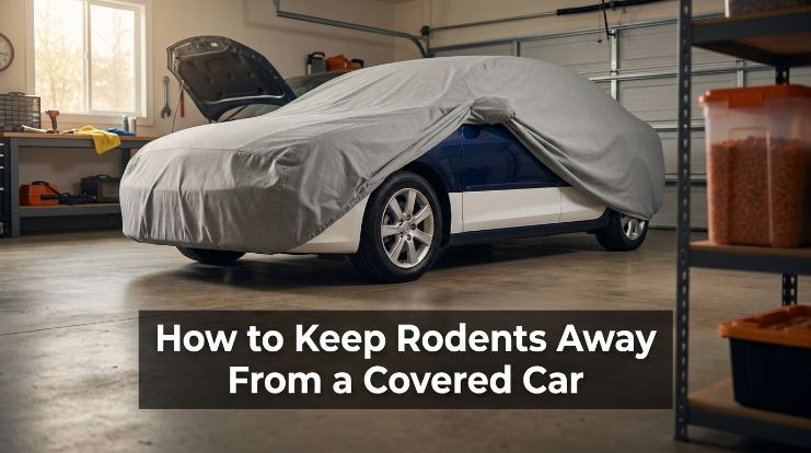 Covered car in a clean garage designed to help keep rodents away from vehicle storage
