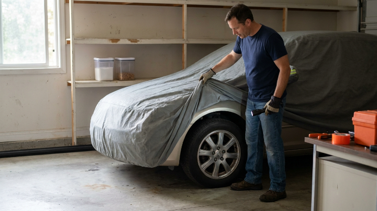 Car owner inspecting a covered vehicle and clean garage for signs of rodents