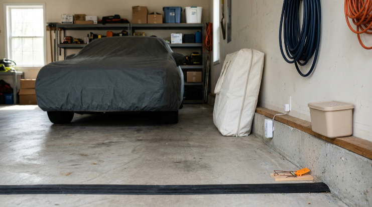 Garage showing several rodent deterrent methods around a covered car