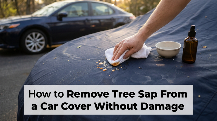Driver learning how to remove tree sap from car cover fabric using a damp microfiber cloth