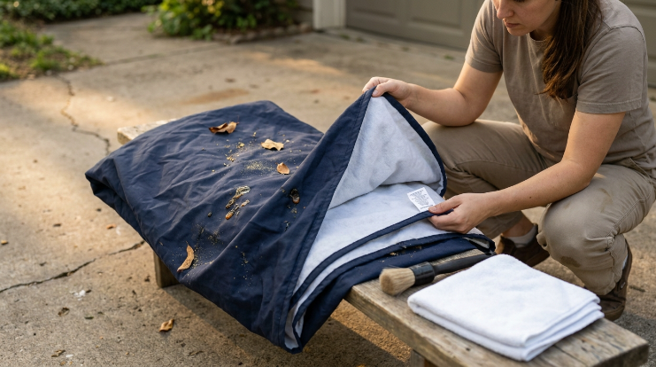 Owner inspecting care label and sap spots before trying to remove tree sap from car cover fabric