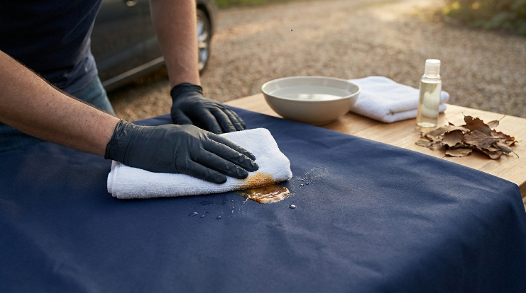 Fresh sap being blotted with microfiber to remove tree sap from car cover fabric safely